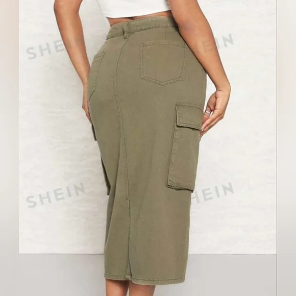 Shein Sxy • Women's Army Green High Waist Cargo Flap Pocket Denim Jean Skirt - Picture 4 of 16